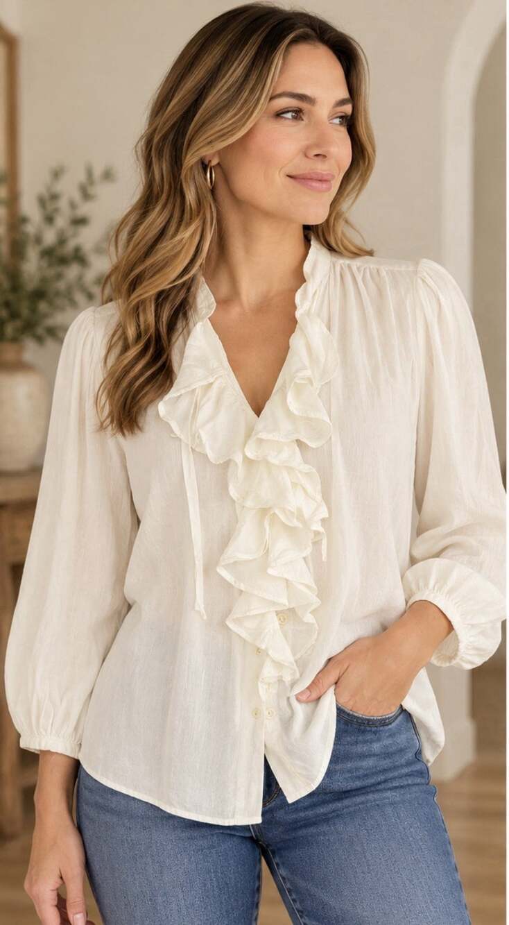 Lauren Ralph Lauren Blouse M Ivory Woven Ruffle Neck 3/4 Sleeve Boho